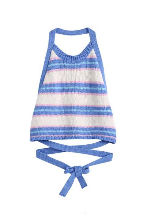 Henley Halter Tie Back Top in Blue