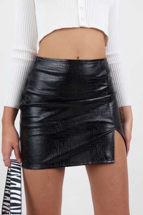 Rasha Split PU Leather Skirt in Black