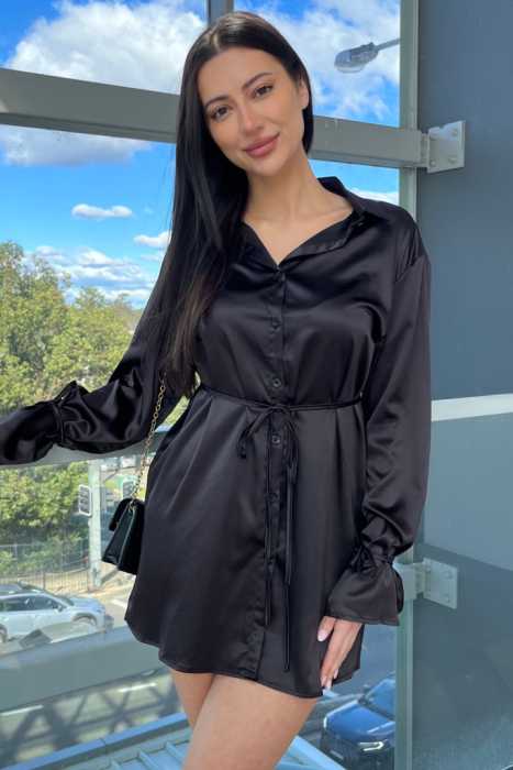 Ripley  Satin Shirt Mini Dress in Black