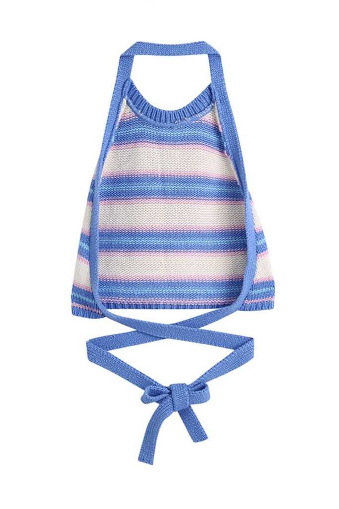 Henley Halter Tie Back Top in Blue
