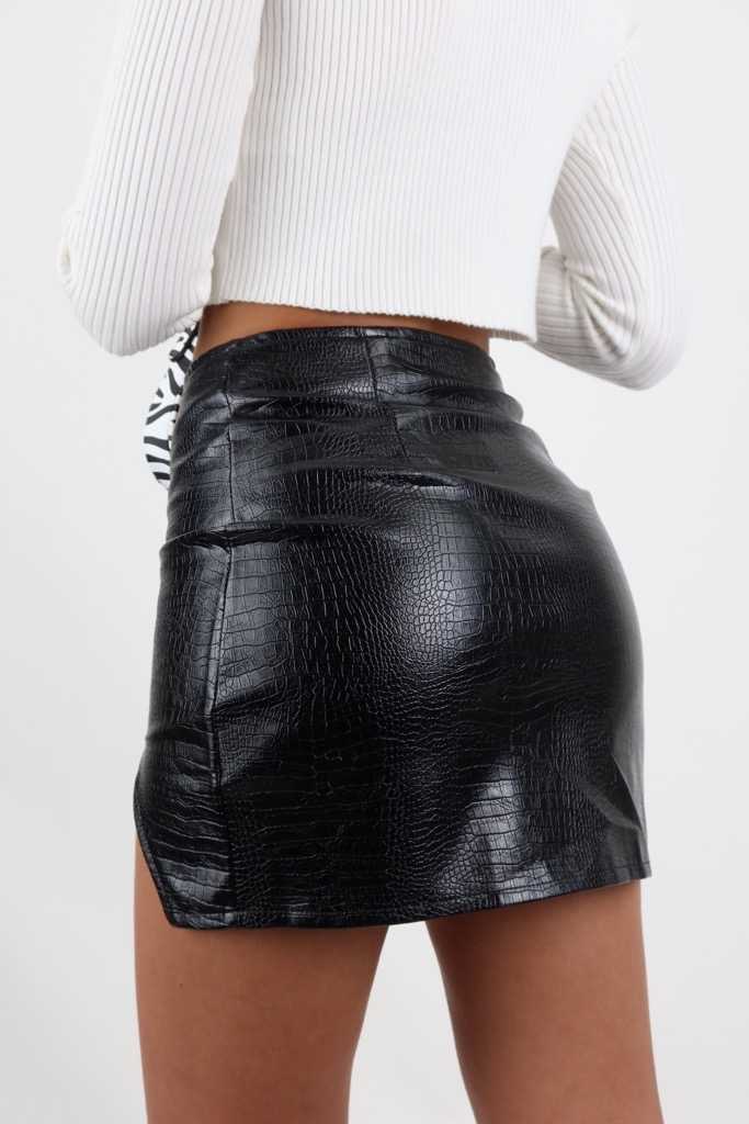 Rasha Split PU Leather Skirt in Black