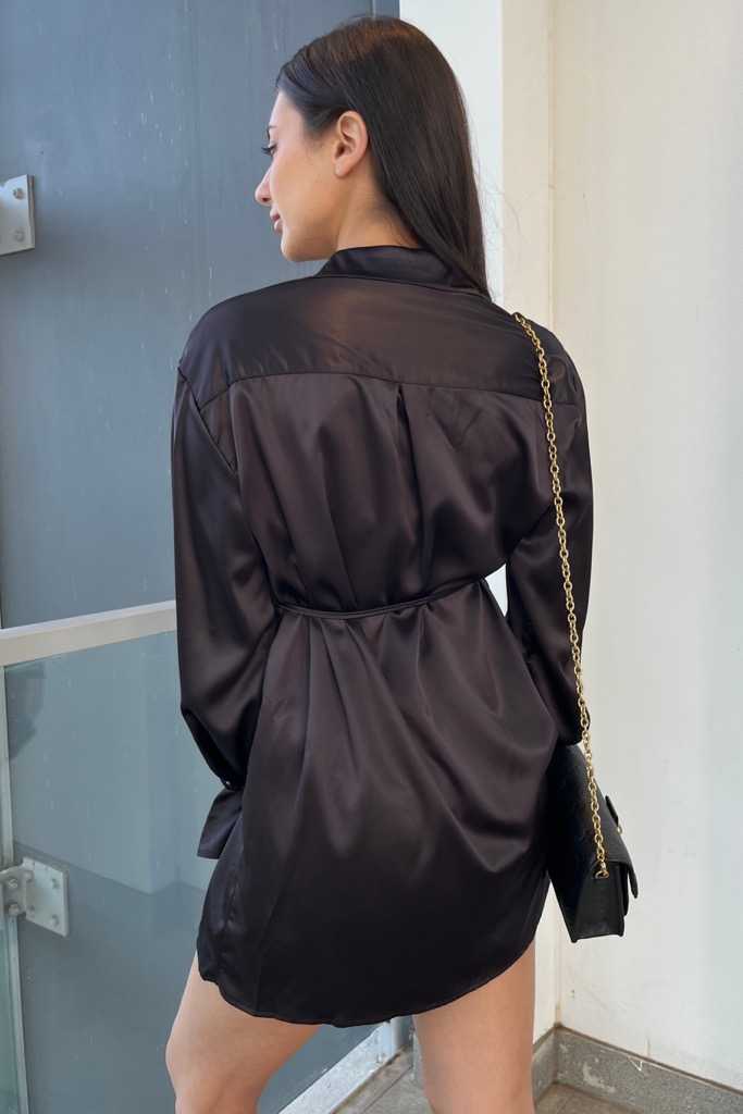 Ripley  Satin Shirt Mini Dress in Black