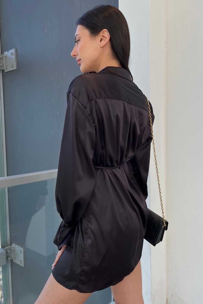 Ripley  Satin Shirt Mini Dress in Black