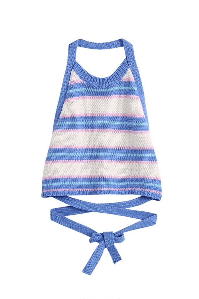 Henley Halter Tie Back Top in Blue